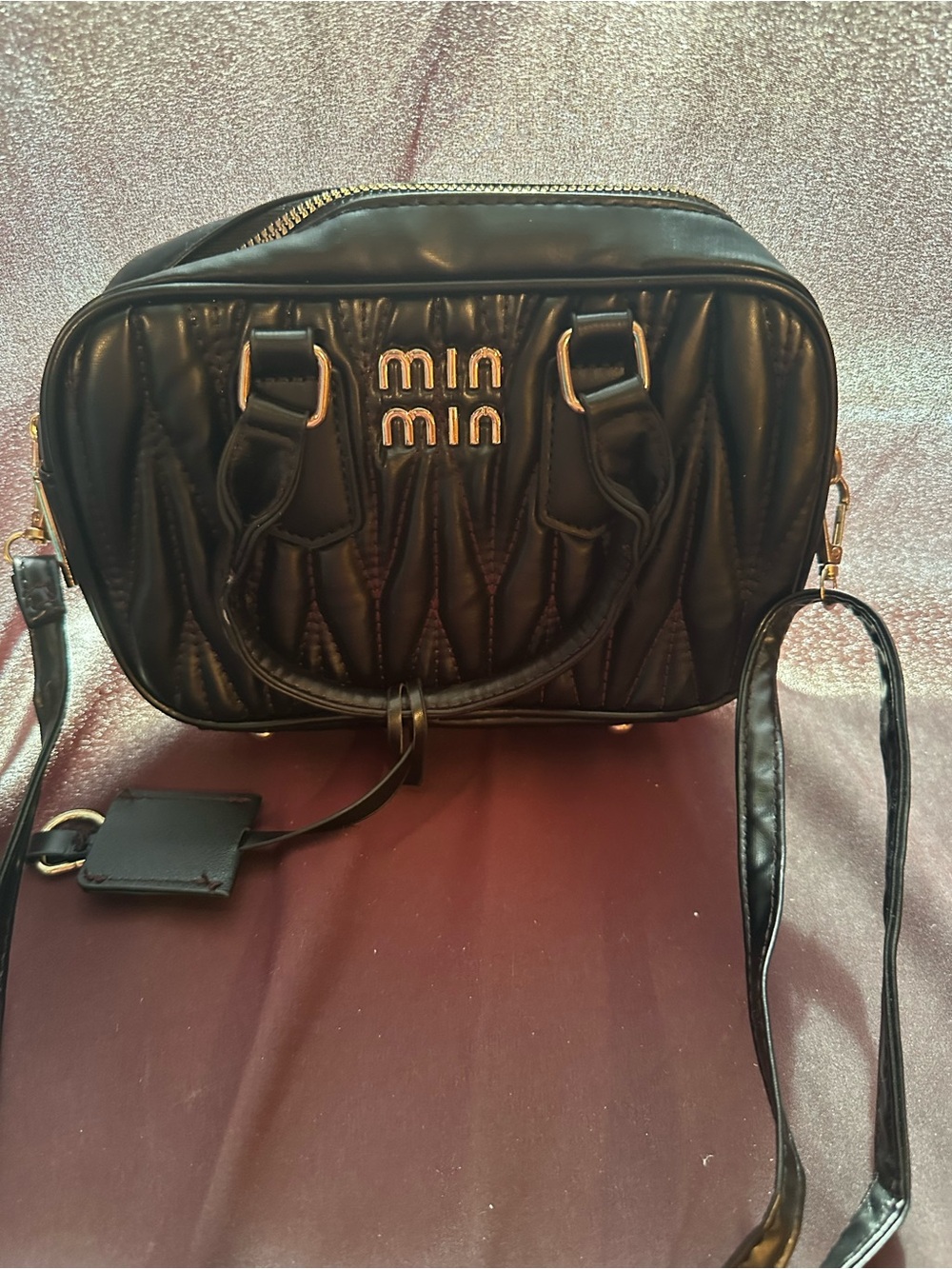 Faux Leather Black Handbag w/ Crossbody Strap